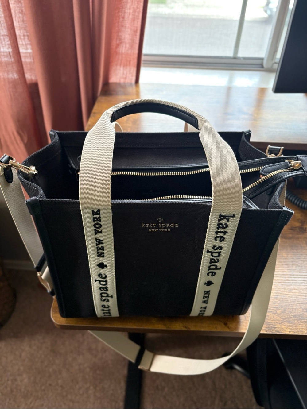 kate spade Black Canvas Messenger with Ivory Logo Straps